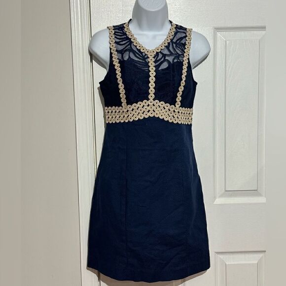 Lilly Pulitzer Leigh Stretch-Shift Dress Navy/Gold Size 00 - Picture 1 of 11